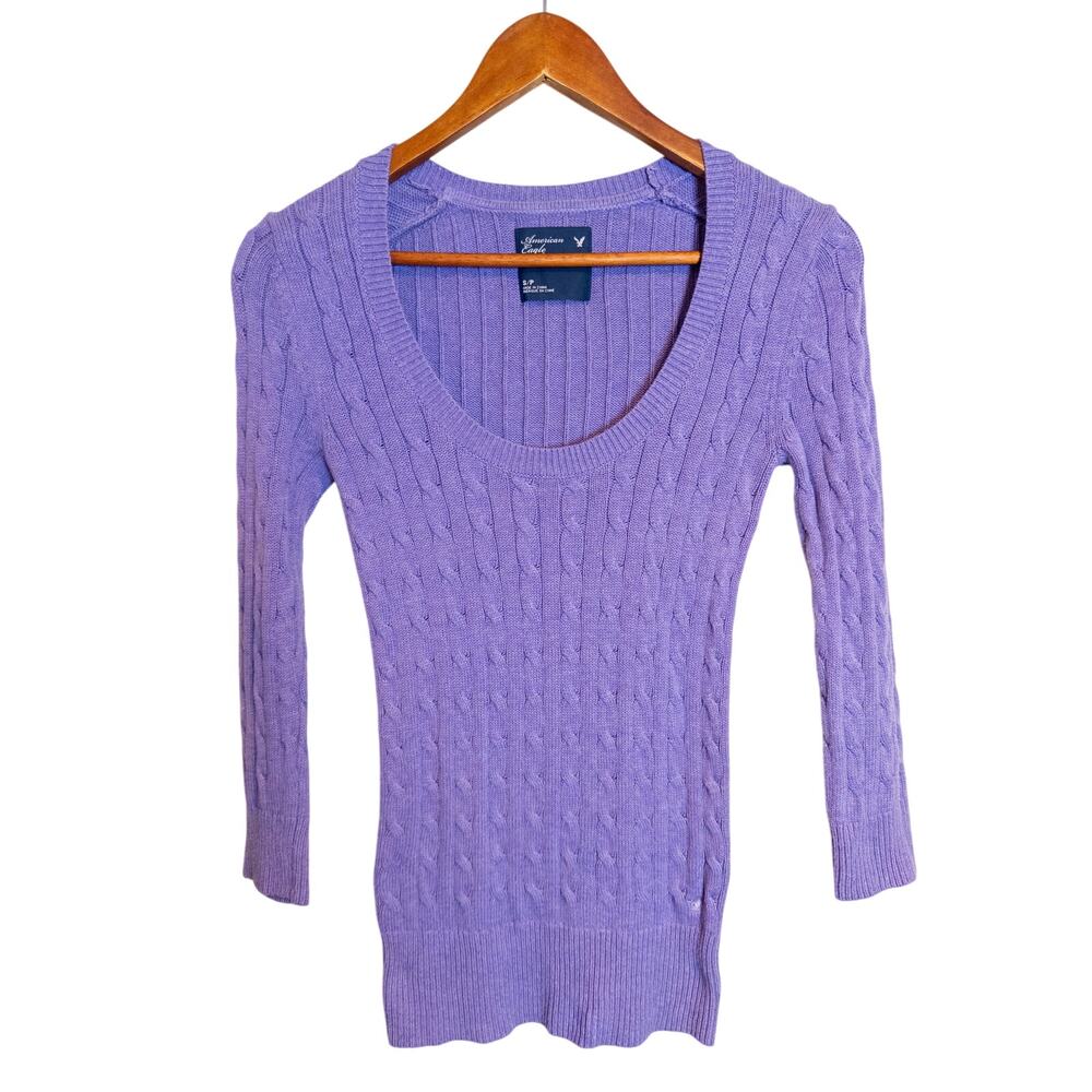 2000s American Eagle Lilac Cable Knit Scoop Neck Sweater Small - Picture 4 of 9